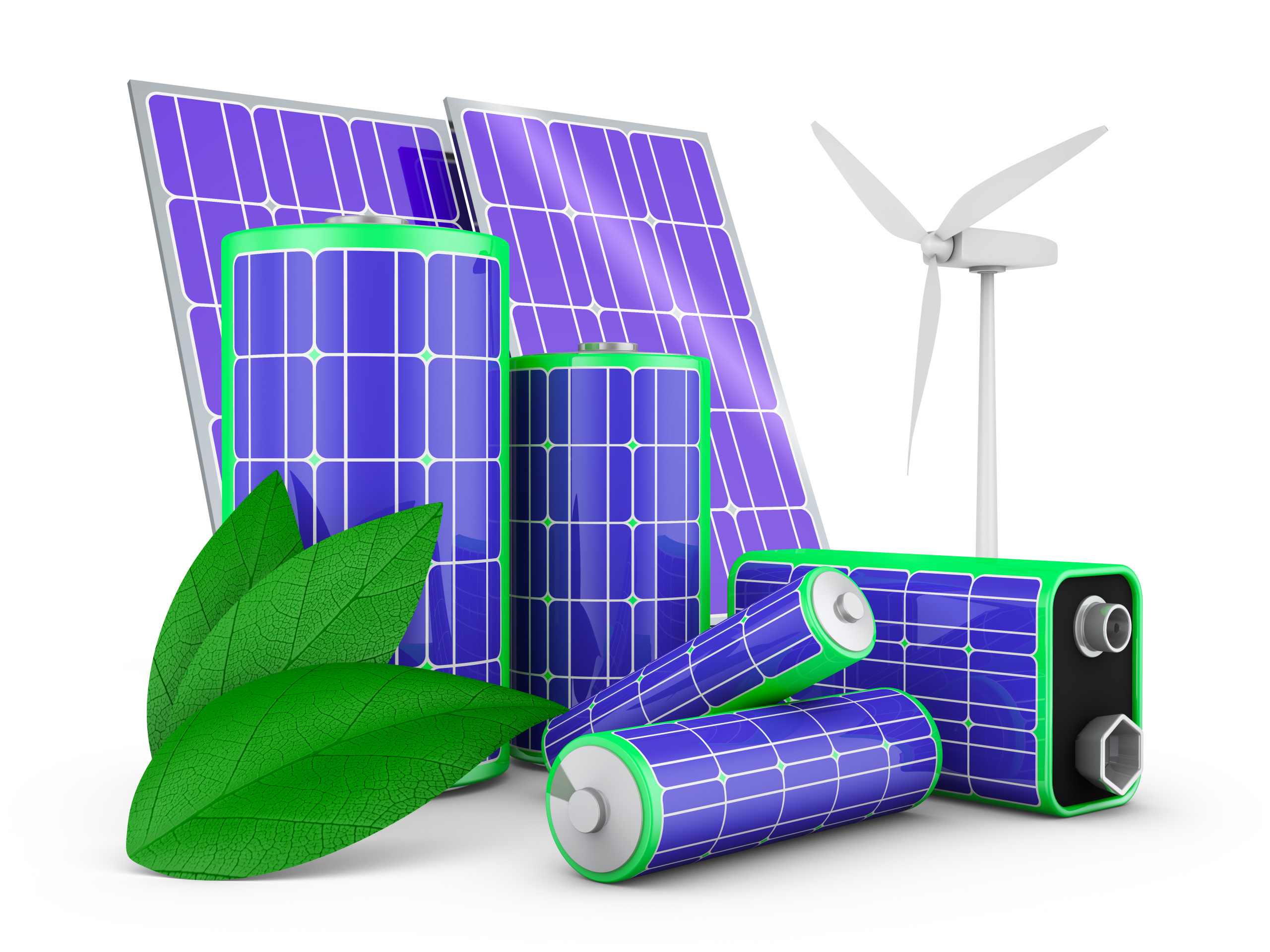A collection of renewable energy symbols including solar panels, a wind turbine, batteries with solar panel designs, and green leaves against a white background.