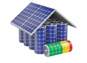 Conceptual house made of solar-designed batteries with solar panel roof and a colorful battery in the foreground on a white background.