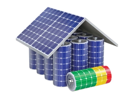 Conceptual house made of solar-designed batteries with solar panel roof and a colorful battery in the foreground on a white background.